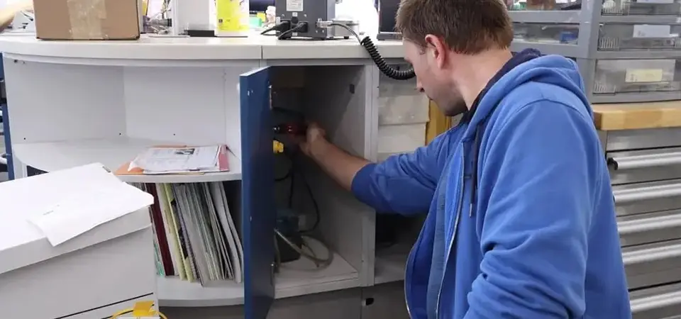 Man fixing equipment in a cabinet.