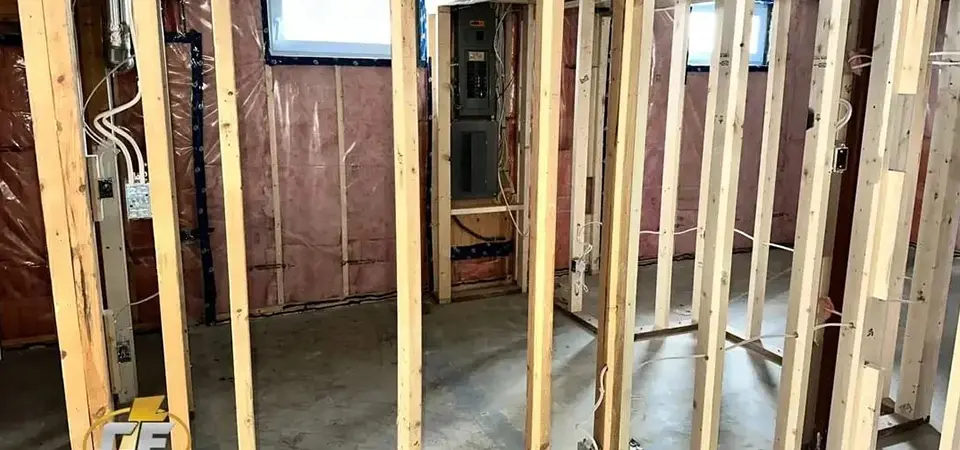 Basement framing, electrical work in progress.